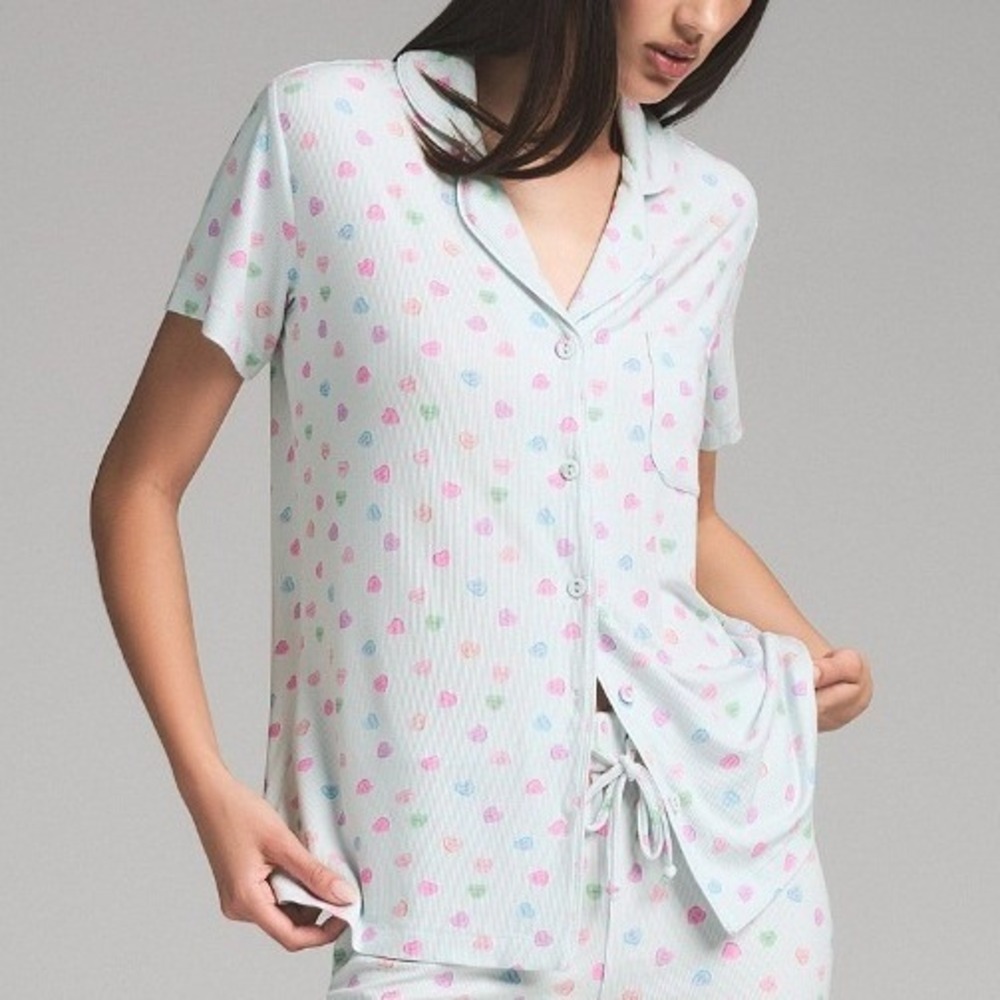 Skims Soft Lounge Pajama Top Womens S Cloud Candy Heart Print Blue Cozy Coquette